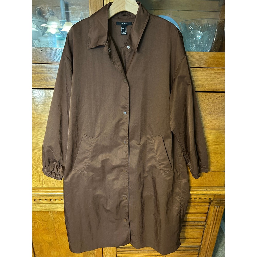 Forever 21 Chocolate Brown Longline Coach Jacket Duster Snap Front Lightweight